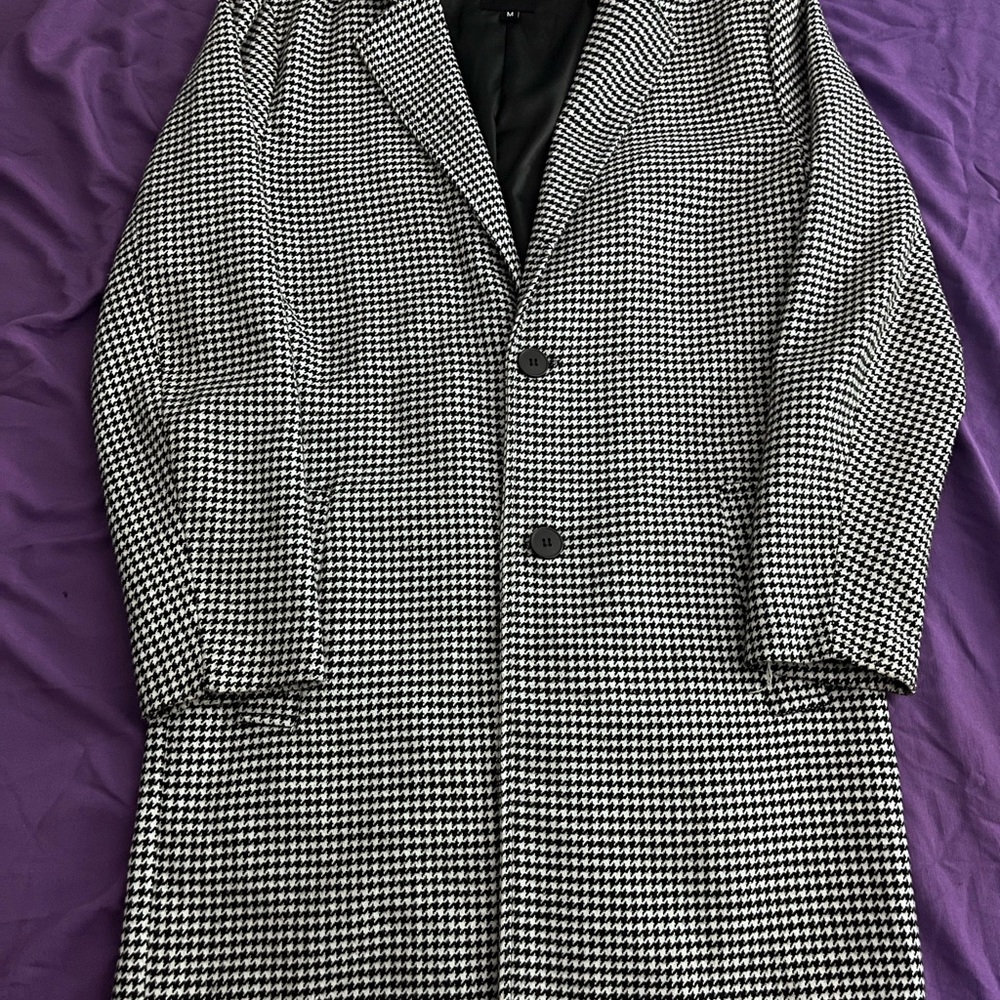 Boohoo Mens Black and White Houndstooth Pea Coat
